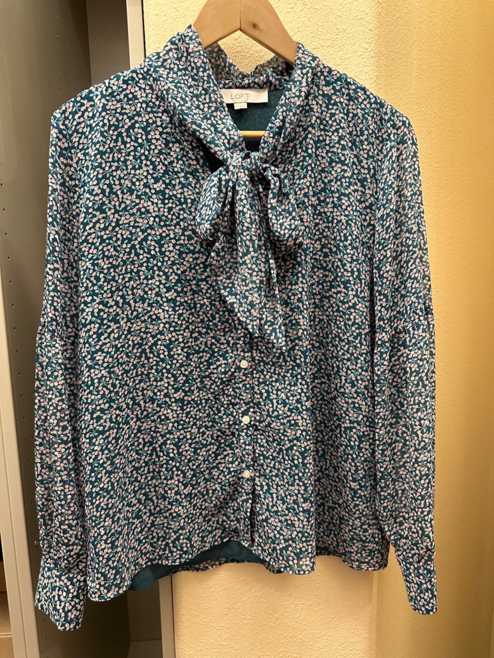 LOFT Teal Floral Tie-Neck Button-Down Blouse